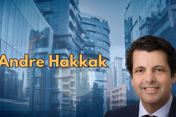 andre hakkak net worth illustration with financial charts and business success imagery.